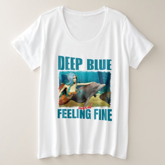 深い青、そして気分爽快な人魚とイルカのアート プラスサイズTシャツ (デザイン正面)