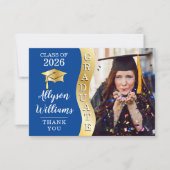 深い青 |金ゴールド大学院生Wave Grad Cap写真 サンキューカード (正面)