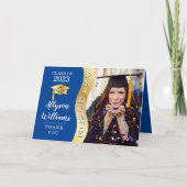 深い青 |金ゴールド大学院生Wave Grad Cap写真 サンキューカード (正面)