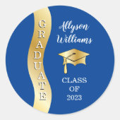 深い青 |金ゴールド大学院Wave Grad Cap ラウンドシール (正面)