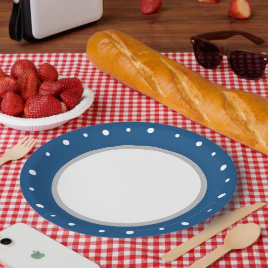 深いAzure Blueジオメトリックホワイト水玉模様 ペーパープレート (ピクニック)