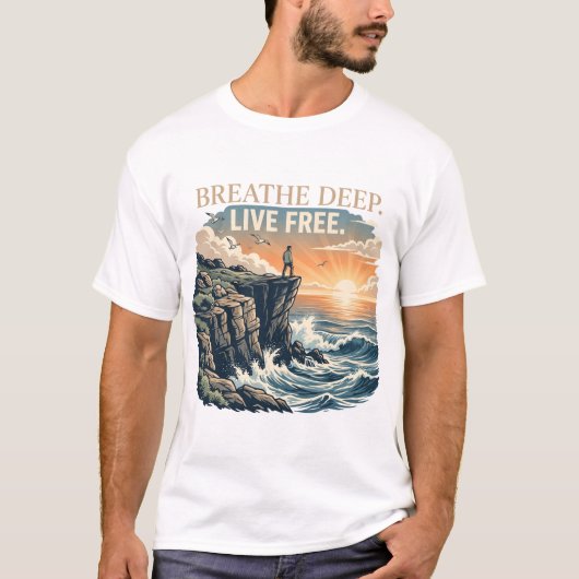 深呼吸 自由な生活 海の崖の冒険 グラフィック Tシャツ (正面)