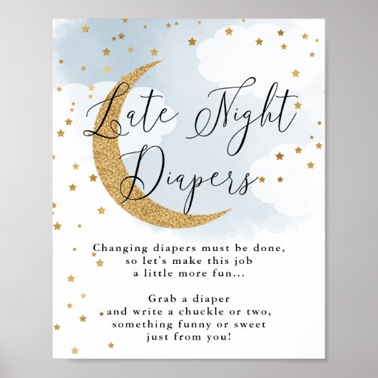 深夜おむつブルー金ゴールドムーンベビーシャワーゲーム ポスター (正面)