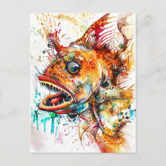 深海のランタンを持つ魚の抽象的な水彩画 ポストカード (正面)