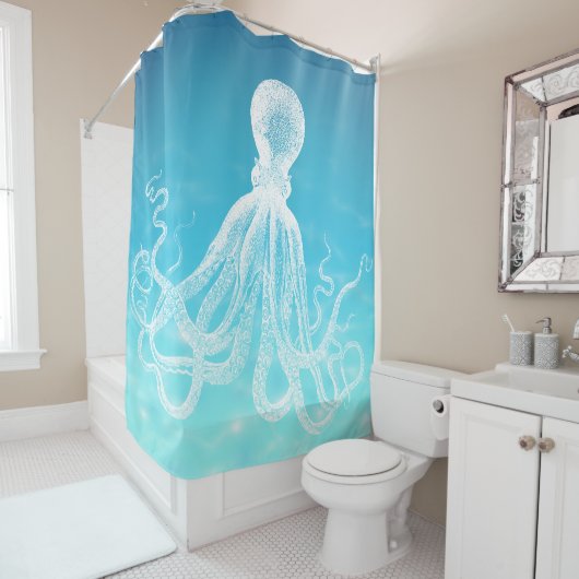 深海の海のヴィンテージの白いタコ シャワーカーテン (インサイチュ)