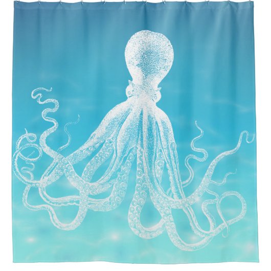 深海の海のヴィンテージの白いタコ シャワーカーテン (正面)