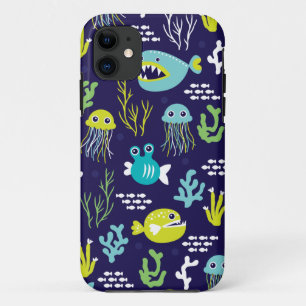 深海の魚の海洋のイラストレーションパターンをからかいます iPhone 11 ケース