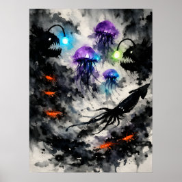 深海生物の水彩画アート ポスター