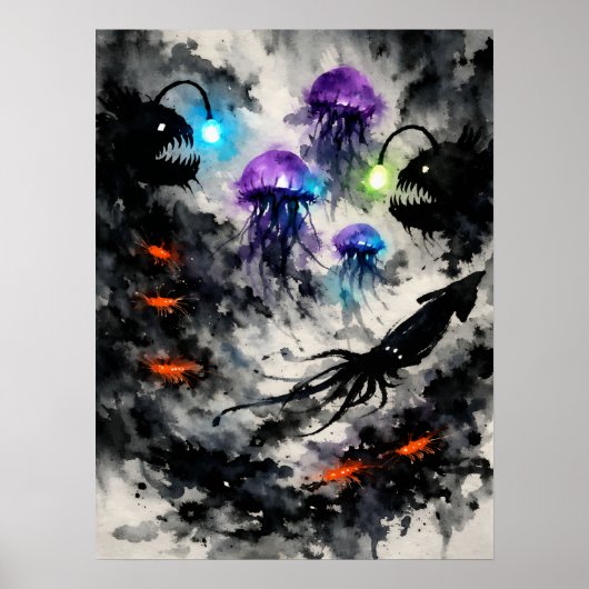 深海生物の水彩画アート ポスター (正面)
