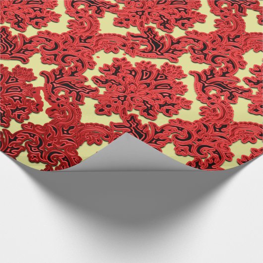 深紅および金ゴールドのクリスマスのダマスク織の包装紙 ラッピングペーパー (角)