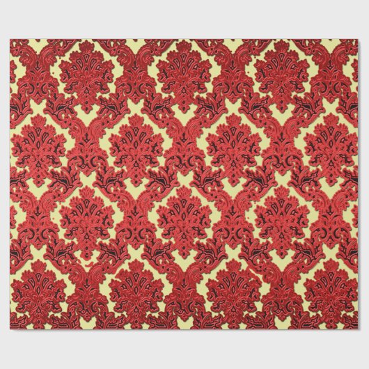 深紅および金ゴールドのクリスマスのダマスク織の包装紙 ラッピングペーパー (フラット)