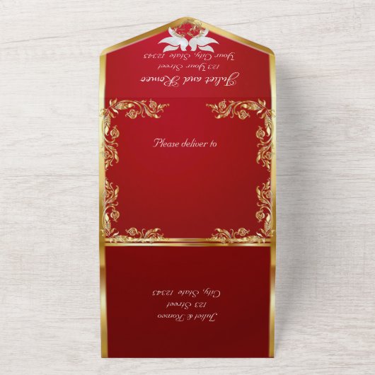 深紅とゴールドの葉と鳩とハート オールインワン招待状 (外側)