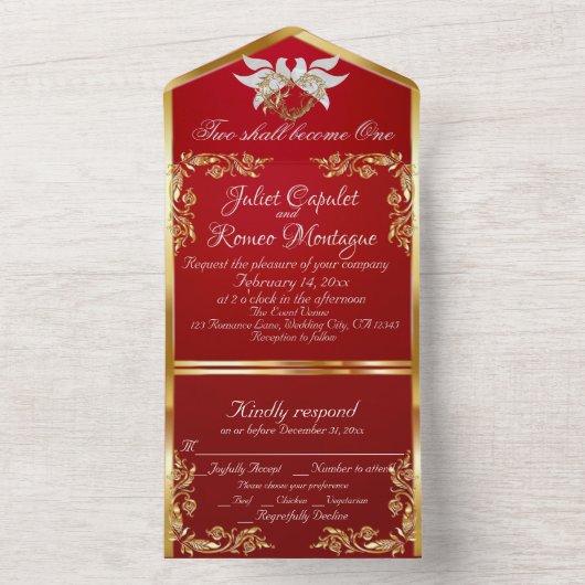 深紅とゴールドの葉と鳩とハート オールインワン招待状 (内側)