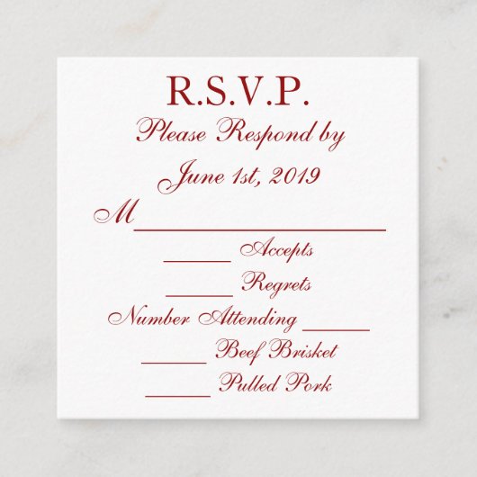 深紅と白の返信カード RSVP エンクロージャーカード (正面)