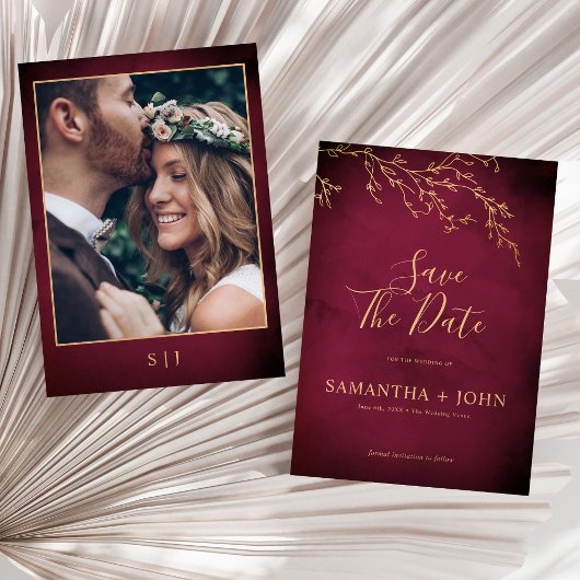 深紅と金のボタニカルエレガントフォト セーブザデート