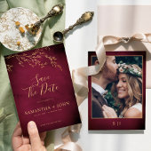 深紅と金のボタニカルエレガントフォト セーブザデート