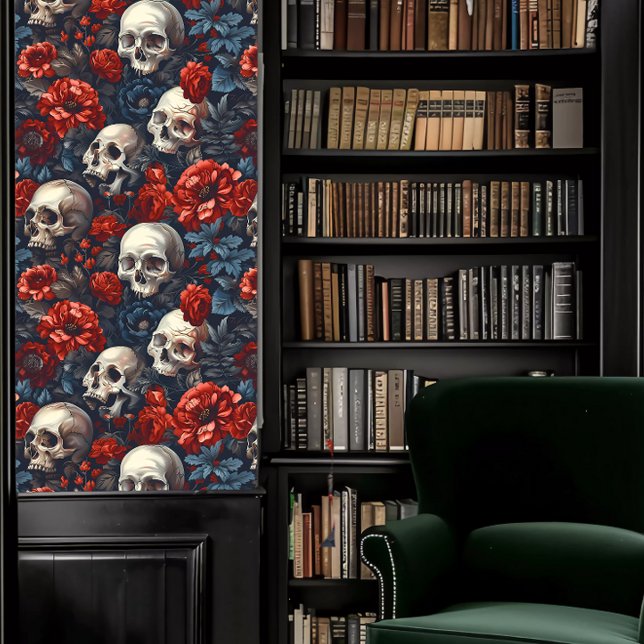 深紅と青の花を持つ暗いアカデミアスカル 壁紙 (Dark Academia Skulls with Crimson and Blue Flowers Wallpaper in a library.)
