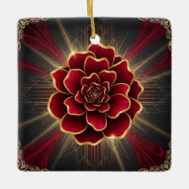 深紅のアールデコ調の花のオーナメント（ゴールドのアクセント付） セラミックオーナメント