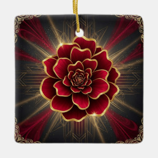 深紅のアールデコ調の花のオーナメント（ゴールドのアクセント付） セラミックオーナメント