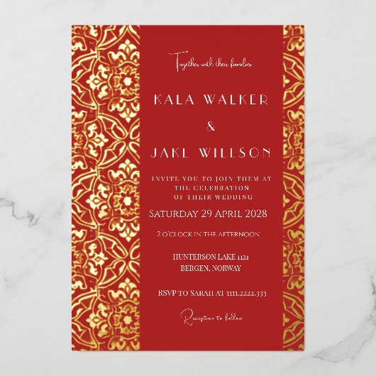 深紅のイタリアン タイル（レトロドット） 箔招待状 (正面)