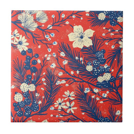深紅のインディゴの冬の植物パターン タイル (正面)