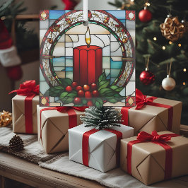 深紅のクリスマスキャンドル 偽ステンドグラス ガラスオーナメント