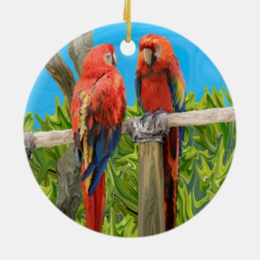 深紅のコンゴウインコのオウムのとまること セラミックオーナメント (裏面)