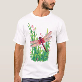 深紅のトンボ 緑の草 Tシャツ