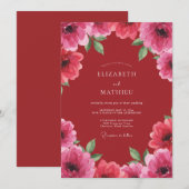 深紅のピンクの花びらの結婚式 招待状 (正面/裏面)