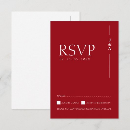 深紅のモノグラム ミニマリスト 結婚式RSVP 出欠カード (正面/裏面)