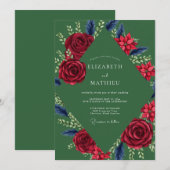 深紅のルビーのリースの結婚式 招待状 (正面/裏面)