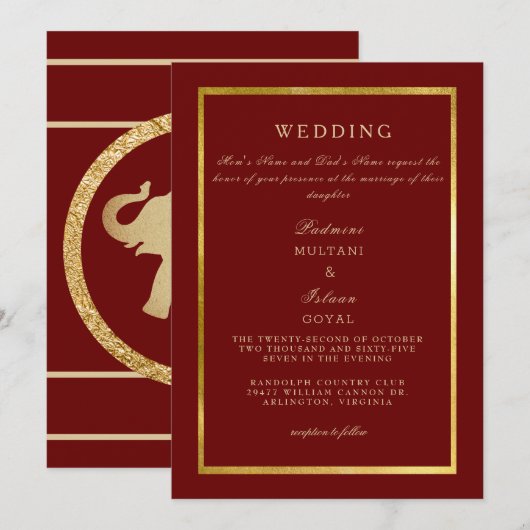 深紅のロイヤルゴールドの結婚式 招待状 (正面/裏面)