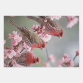 "深紅の三重奏：ピンクの花の中で赤いフィンチ" ラッピングペーパーシート (正面)