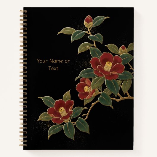 深紅の冬：蒔絵風ツバキ＆ゴールド ノートブック (正面)