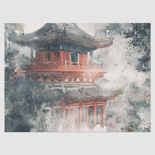 深紅の山の塔　水墨画（１） 薄葉紙 (正面)