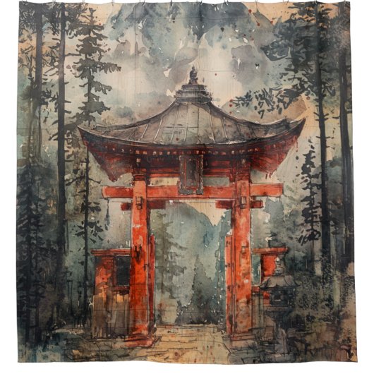 深紅の山門 水墨画 シャワーカーテン (正面)