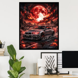 深紅の月下のNissan Skyline R34 ポスター