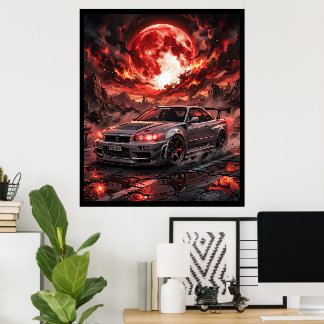 深紅の月下のNissan Skyline R34 ポスター