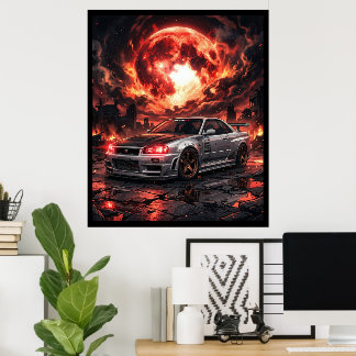 深紅の月下のNissan Skyline R34 ポスター