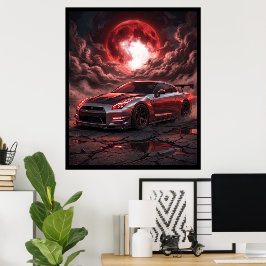深紅の月下のNissan Skyline R35 ポスター
