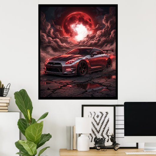 深紅の月下のNissan Skyline R35 ポスター (ホームオフィス)