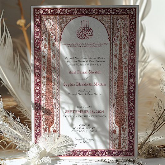 深紅の梅の花にインスパイアされたイズニクタイルのイスラム教式ウェディング 招待状