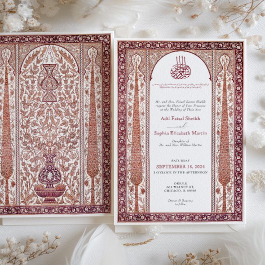 深紅の梅の花にインスパイアされたイズニクタイルのイスラム教式ウェディング 招待状