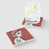 深紅の死んだ砂糖のスカルの女の子の日 ストーンコースター (横)