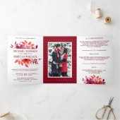 深紅の水彩花モチーフのウェディングフォト 三つ折り招待状 (内部)