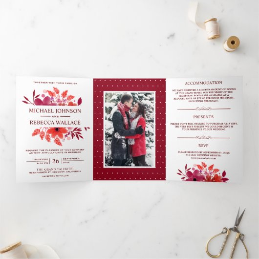 深紅の水彩花モチーフのウェディングフォト 三つ折り招待状 (内部)