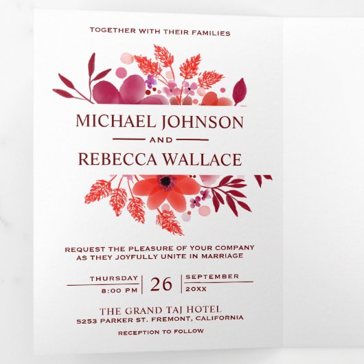 深紅の水彩花モチーフのウェディングフォト 三つ折り招待状 (内部最初)