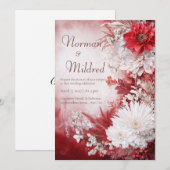 深紅の白い花の冬の結婚式 招待状 (正面/裏面)