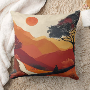 深紅の禅山水景観 ゴールドサンセットアート クッション