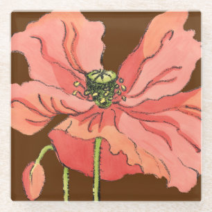 深紅の背景が付いている大きいピンクの花 ガラスコースター